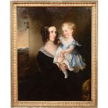 A large early nineteenth century gilt framed oil on canvas. Portrait of a young lady and infant,