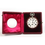 A Goliath multi dial silver plated pocket watch in fitted leather strut case. The enamel dial with