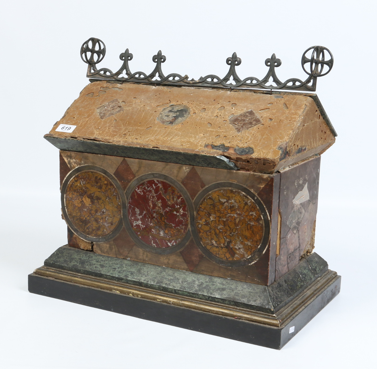 An antique Italian marble reliquary cabinet. With roundel inlaid panels and bronze ridge adorned - Image 3 of 9