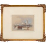 A Victorian gilt framed watercolour vignette of Blackfriars Bridge, London. Monogrammed E. D. and
