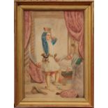An early twentieth century small gilt framed watercolour inscribed verso 'Prince Hal trying on the
