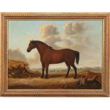 An early nineteenth century gilt framed oil on canvas. Study of a bay horse in a landscape, 44cm x