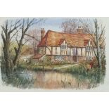 William Henry Constantine unframed watercolour. Study of a Tudor cottage by a riverbank with swans