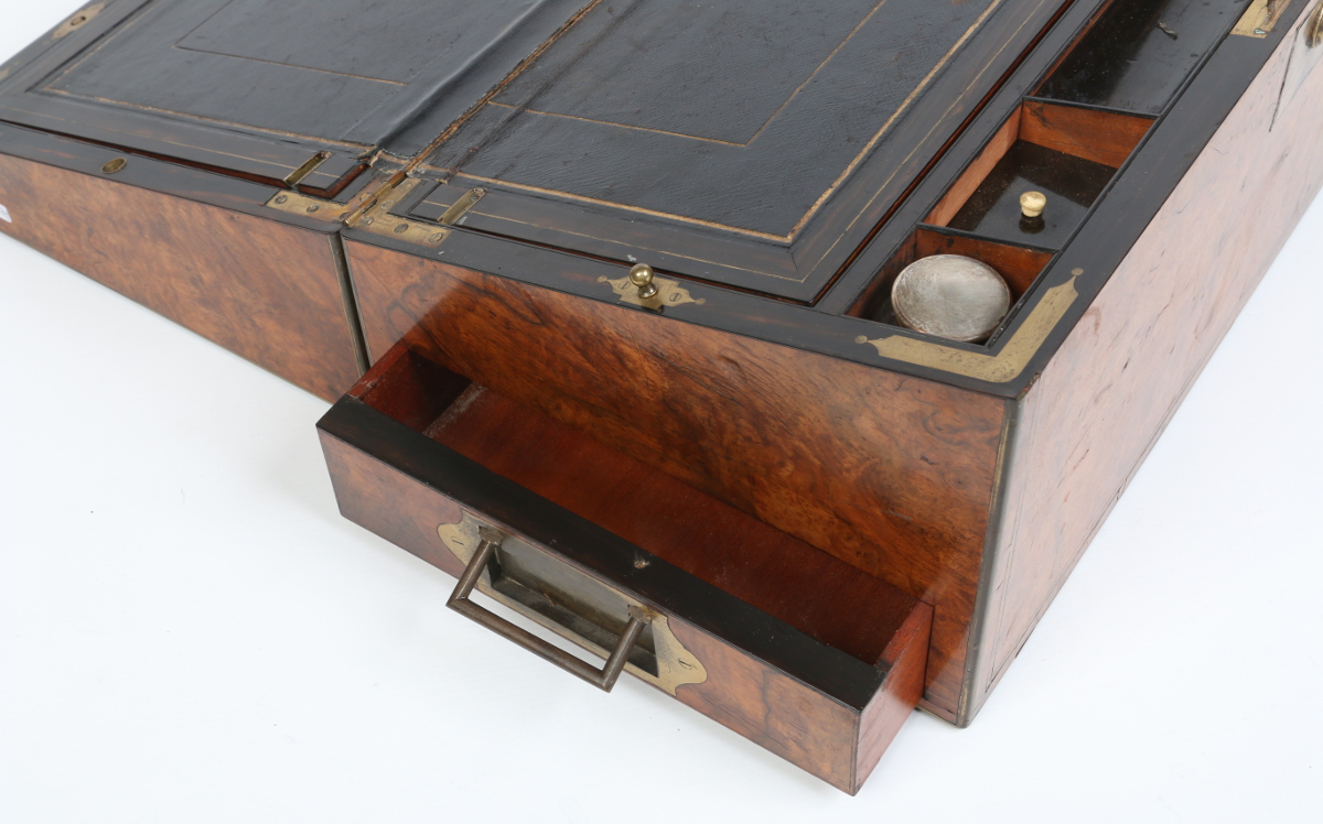 A Victorian burr walnut fitted writing slope. With brass mounts and inlay and engraved plaque, - Image 2 of 4