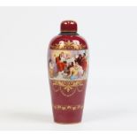 A nineteenth century Vienna jar and cover. Claret ground, gilded and enamelled finely with a panel