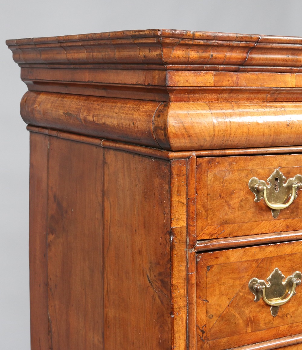 A Queen Anne figured walnut chest on chest. With concealed drawer to the moulded frieze, - Image 2 of 5
