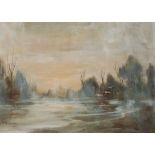 Style of Phillip Wilson Steer. Small oil on panel. River landscape with birds in flight. Signed A W.