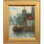 W. W. Mackinlay, gilt framed oil on board. Townscape from the river with boats. Signed and dated