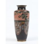 A Japanese cloisonne high shouldered vase. With two ground bands decorated with birds, flowers and