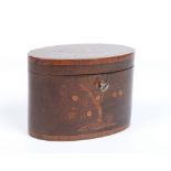 A Georgian mahogany oval tea caddy. Banded in satinwood and with marquetry inlay depicting a