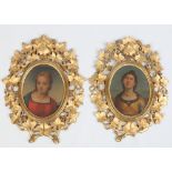 After Raphael in the Renaissance style, a pair of oval oil paintings on board in giltwood Florentine