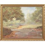 Lewis Craighton, mid twentieth century English school gilt framed oil on board. River landscape,