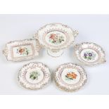 A nineteenth century Coalport style nine piece dessert service. With gilt and puce borders and