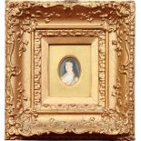 Two nineteenth century portrait miniatures of noblewomen in wide moulded gilt frames.  Condition