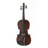 An antique violin in case and with a bow, 35.25cm. Condition Report. To be used as a guide only.