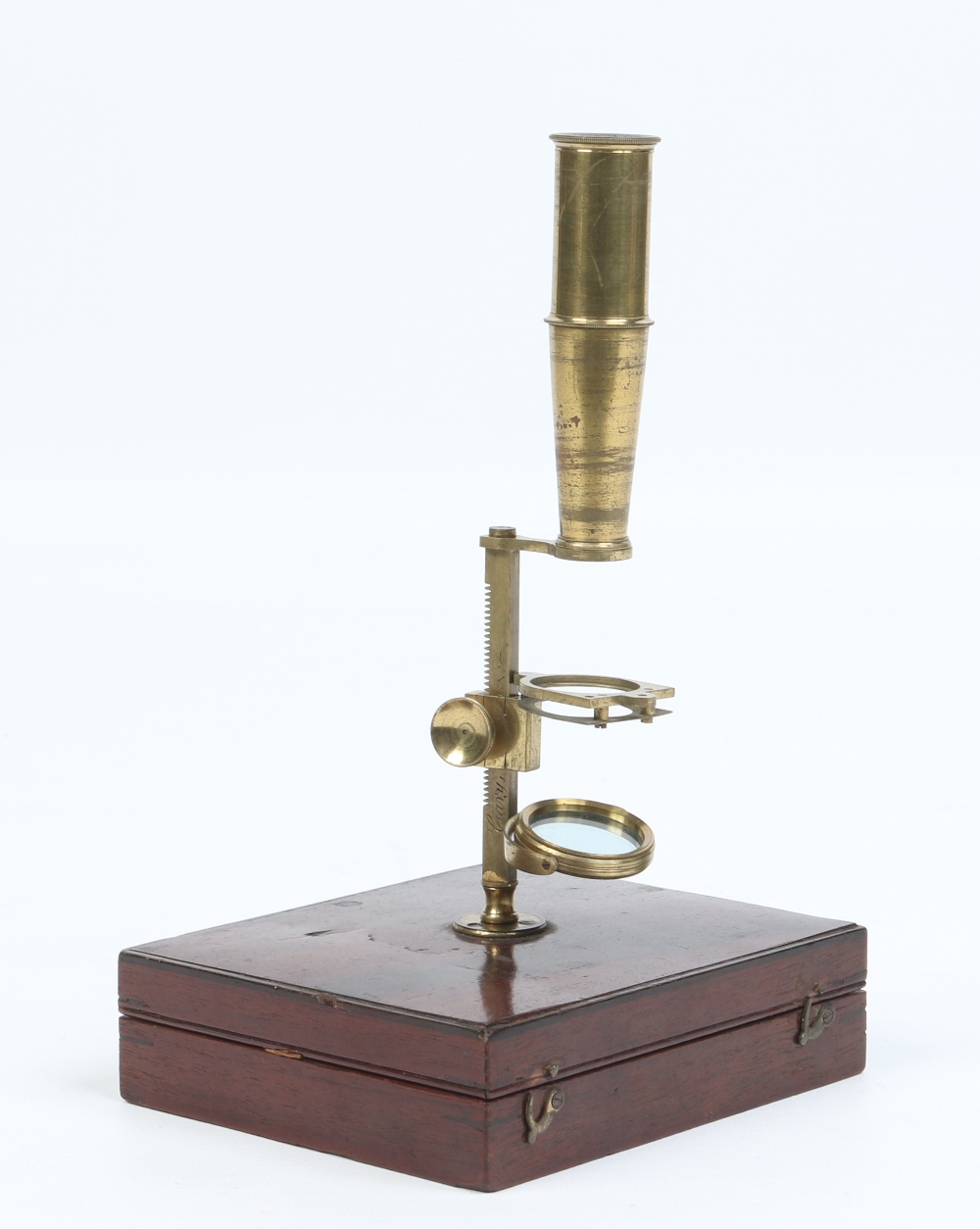 An early nineteenth century lacquered brass botanic field microscope in fitted mahogany case by