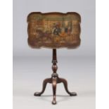 A Victorian mahogany snap top wine table. Painted to the top with a coaching scene and raised on a