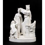 A nineteenth century Parian figure group. Esther and the King. Formed on a stepped oval plinth