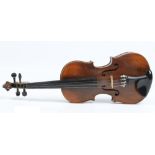 A cased German 3/4 violin and bow with two piece back, no label. 33.5cm. Condition Report. To be