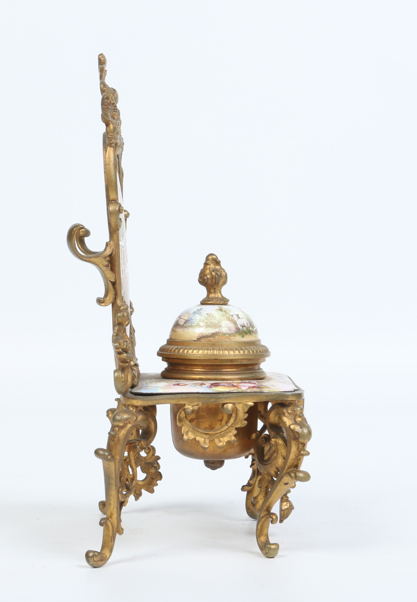 An early twentieth century French gilt metal and enamel encrier. Formed as a rococo dressing table - Image 2 of 4