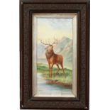 English school A. Williams framed porcelain tile. Painted with a stag in a highland landscape.