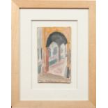 After Giorgio de Chirico small framed oil on canvas on board, archtectural view. Signed G. de