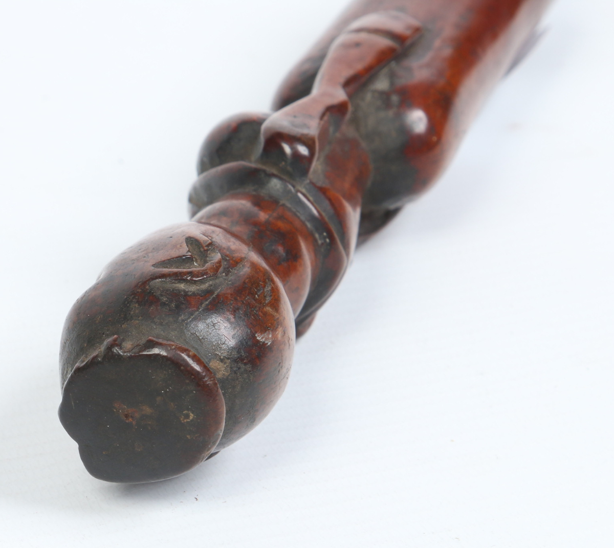 An African carved hardwood staff with wirework grip and carved to the top with a female figure in - Image 3 of 7