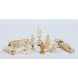 Nine antique ivory carved figures and animal models, mostly of Eastern origin. Including okimono and