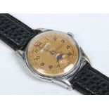 A Cortebert Sport triple calendar moonphase manual stainless steel wristwatch. With gilt dial having