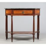 A walnut two tier marble top console table with a central drawer and two small side drawers all