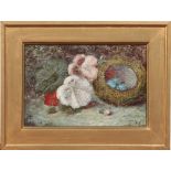 Five Victorian school small gilt framed oils on canvas. Still life fruit, flowers and birds nests,