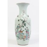 A Chinese baluster vase. With mask moulded handles, painted in coloured enamels with women in a