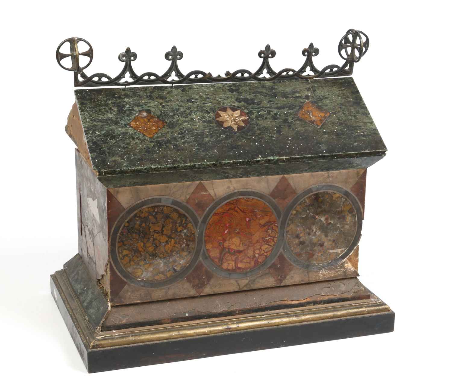 An antique Italian marble reliquary cabinet. With roundel inlaid panels and bronze ridge adorned