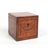 A George IV square satinwood tea caddy. With rosewood banding, marquetry inlaid ribbon swags and