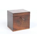 A Georgian mahogany small tea caddy. Cross banded and having marquetry star motif inlays. With