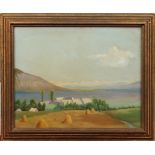 Walter McAdam R.S.W. (1866-1935). Extensive lake scene with cottages, unsigned, label verso, 40cm