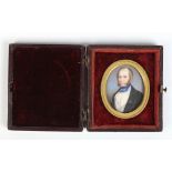 A Victorian ivory portrait miniature of a gentleman with gilt brass bezel and in velvet fitted