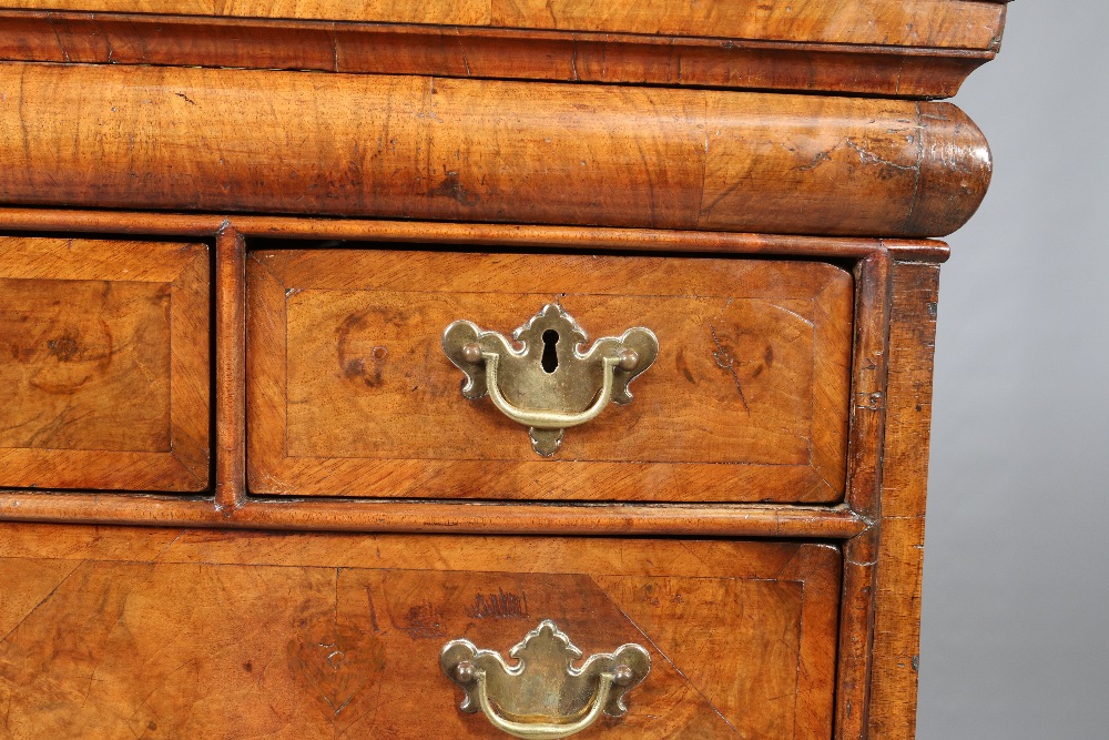 A Queen Anne figured walnut chest on chest. With concealed drawer to the moulded frieze, - Image 5 of 5