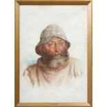 James Drummond (Scottish 1816-77). A gilt framed watercolour vignette portrait of a seafarer and two