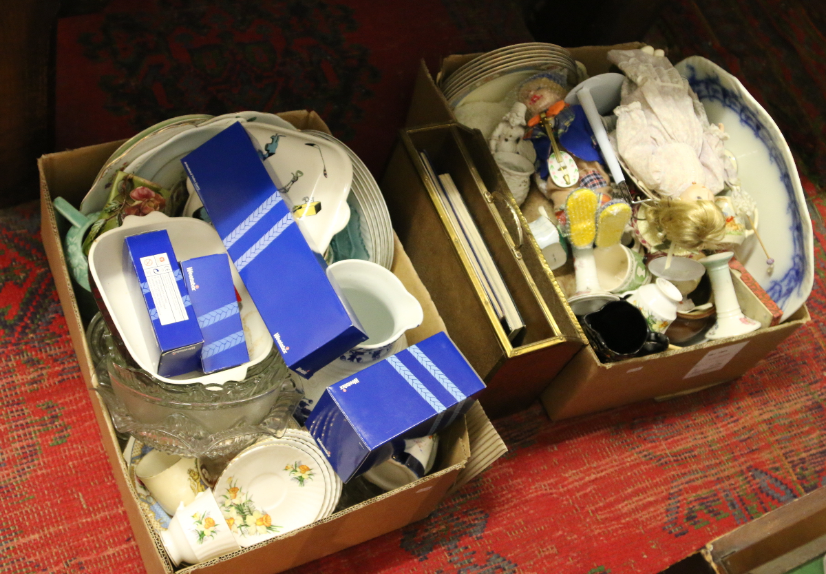 Two boxes of miscellaneous ceramics including Royal Windsor teawares, dolls, boxed diecast cars,