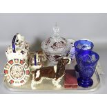 A tray of collectables to include Royal Crown Derby plate, Masons ware, Goebel dog etc.