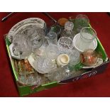 A box of miscellaneous ceramics and glass including cottageware, cakestands and decanters etc.