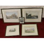 A collection of various framed coloured engravings.