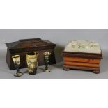 Three Victorian turned horn beakers, Regency rosewood tea caddy carcass and an upholstered work box.