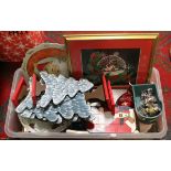 A box of home made wooden Christmas decorations and prints etc.