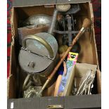 A box of assorted metalwares including kitchen scales, block plane,