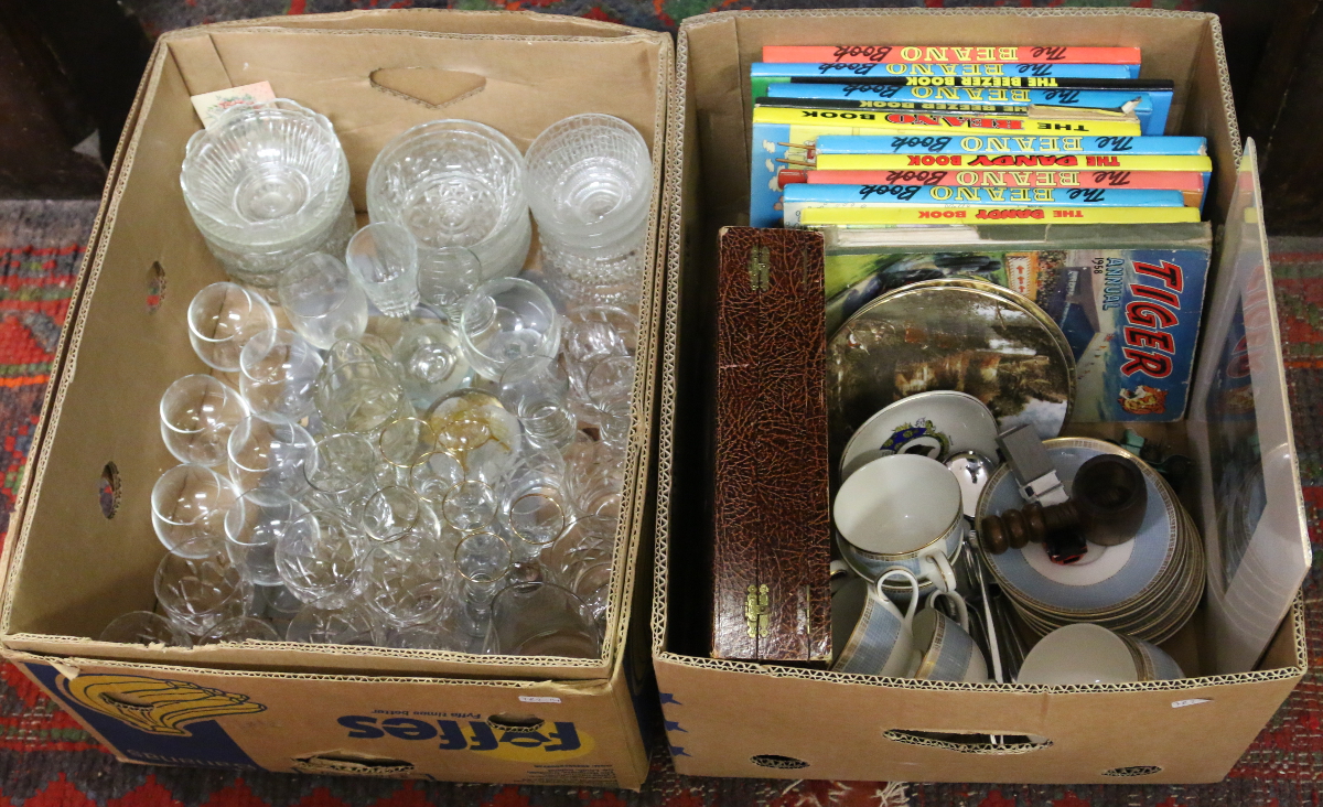 Two boxes of miscellaneous to include glasswares, ceramics, canteen of mixed cutlery,