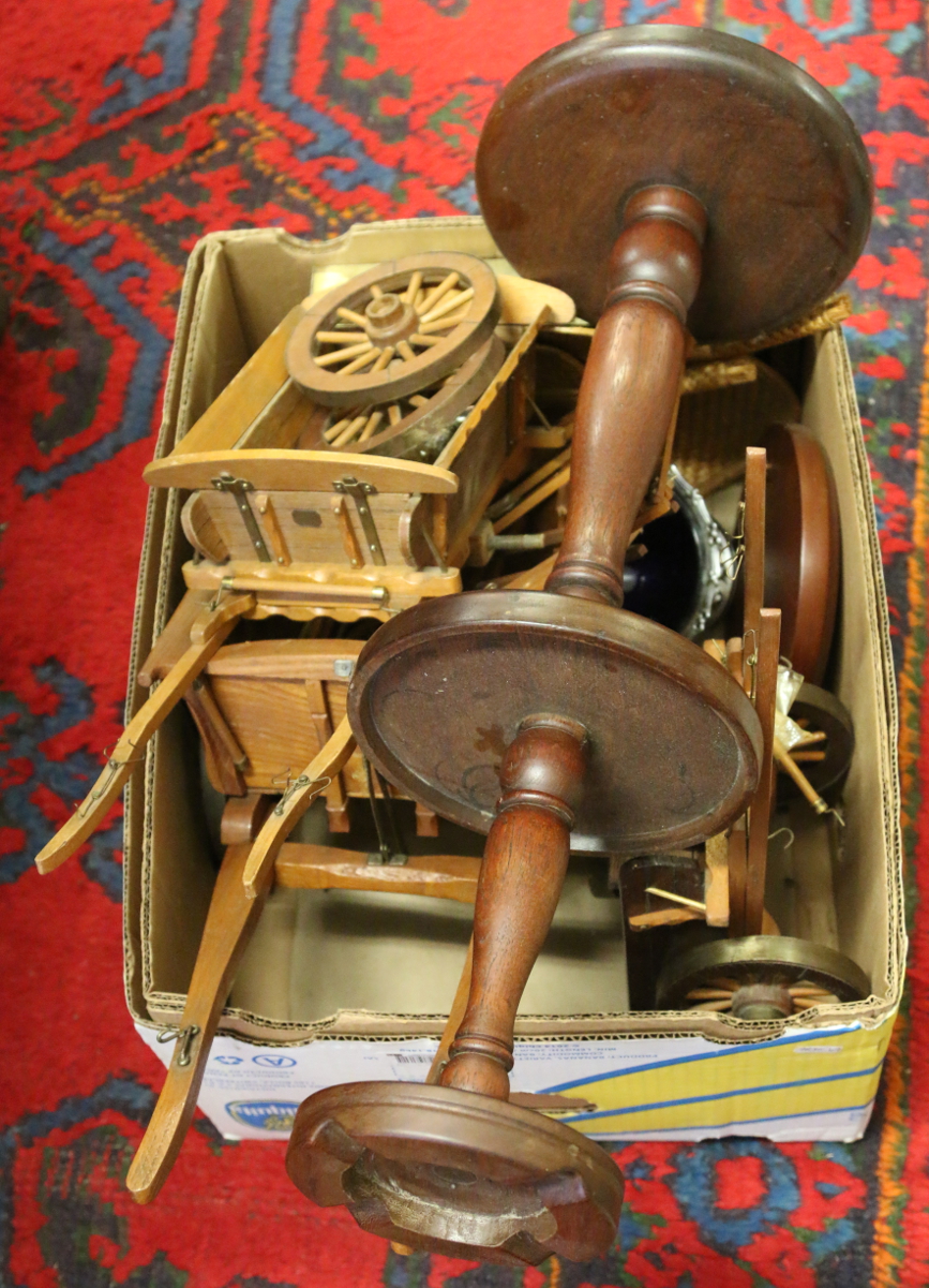 A box of mixed wooden items to include decorative carts, smokers stand etc.