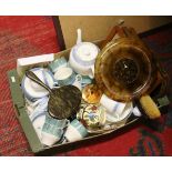 A box and contents of various teawares to include dressing table set,