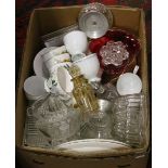 A box of miscellaneous glass and teawares to include brawn and jelly moulds Noritake teaset etc.